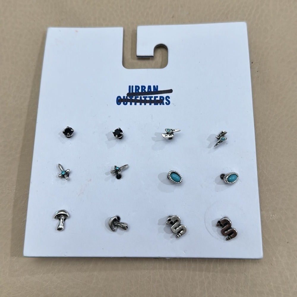 Urban Outfitters Turquoise Silver Snake Mushroom Cross Lightning Stud Earrings - Picture 2 of 3